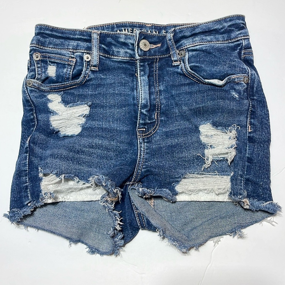 American Eagle - hi V- rise shortie - dark wash distressed jean shorts -size 0
